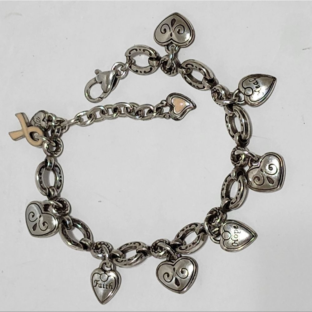 Brighton Silver‎ Pl Charm Bracelet Hearts Faith Hope Heal Ribbon Breast Cancer